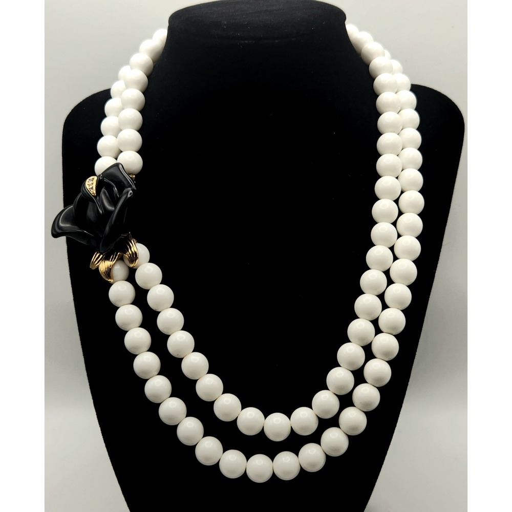 KJL for Avon Midnight Rose Necklace 18" Black Rose White Bead Double Strand